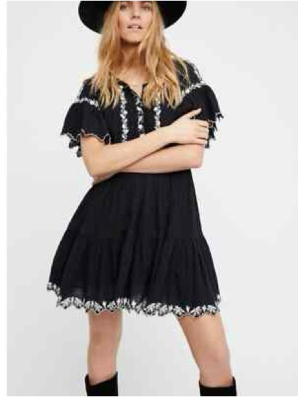 Black Embroidered FREE PEOPLE SANTIAGO Short Flutter Sleeve Dress